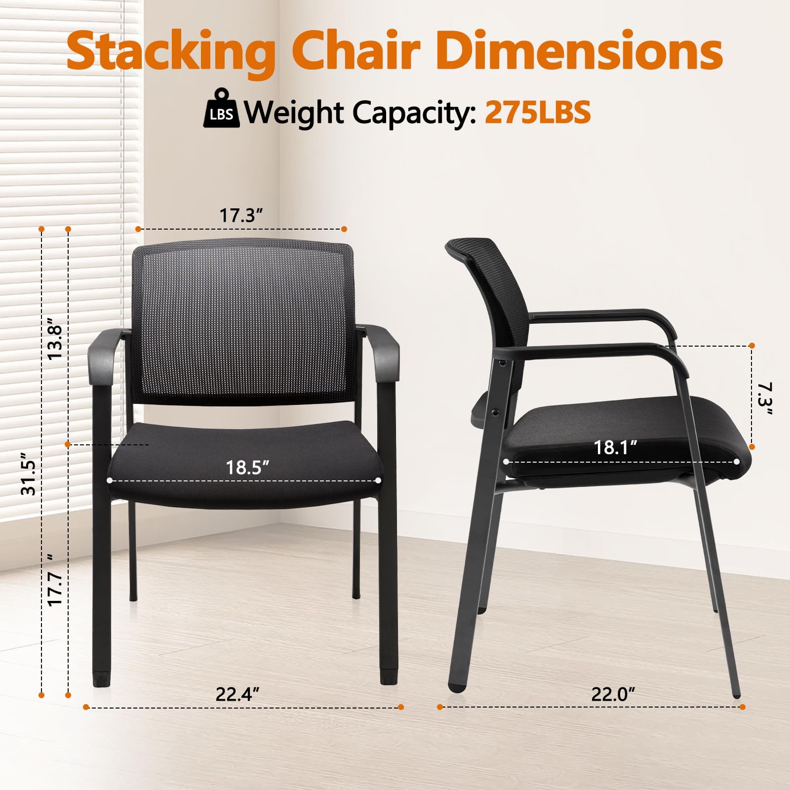 Black 2 Pack Set, Mesh Back Stacking Arm Chairs with Upholstered Fabric Seat and Ergonomic Lumbar Support for Office School Church Guest Reception