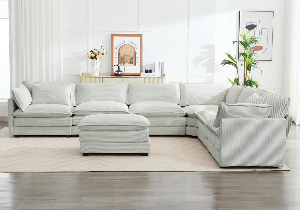 150'' Modular Sectional Corner Cloud Couch, 7 Seater Sofa Big Comfy Corduroy V Shaped Couch with 4 Throw Pillows, Movable Ottoman, Couches for Living Room Office Light Grey