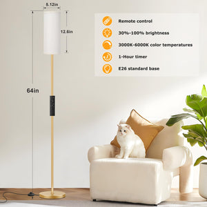 64'' Floor Lamps for Living Room with Remote Control and Stepless Dimmable Colors Temperature & Brightness, 9W Bulb Included(Beige Lampshade & Gold Pole)