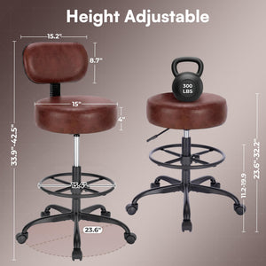 Drafting Chair with Back, Adjustable Foot Rest Rolling Stool, Multi-Purpose Office Desk Chair, Thick Seat Cushion for Home Bar Kitchen Shop - Rustic Brown