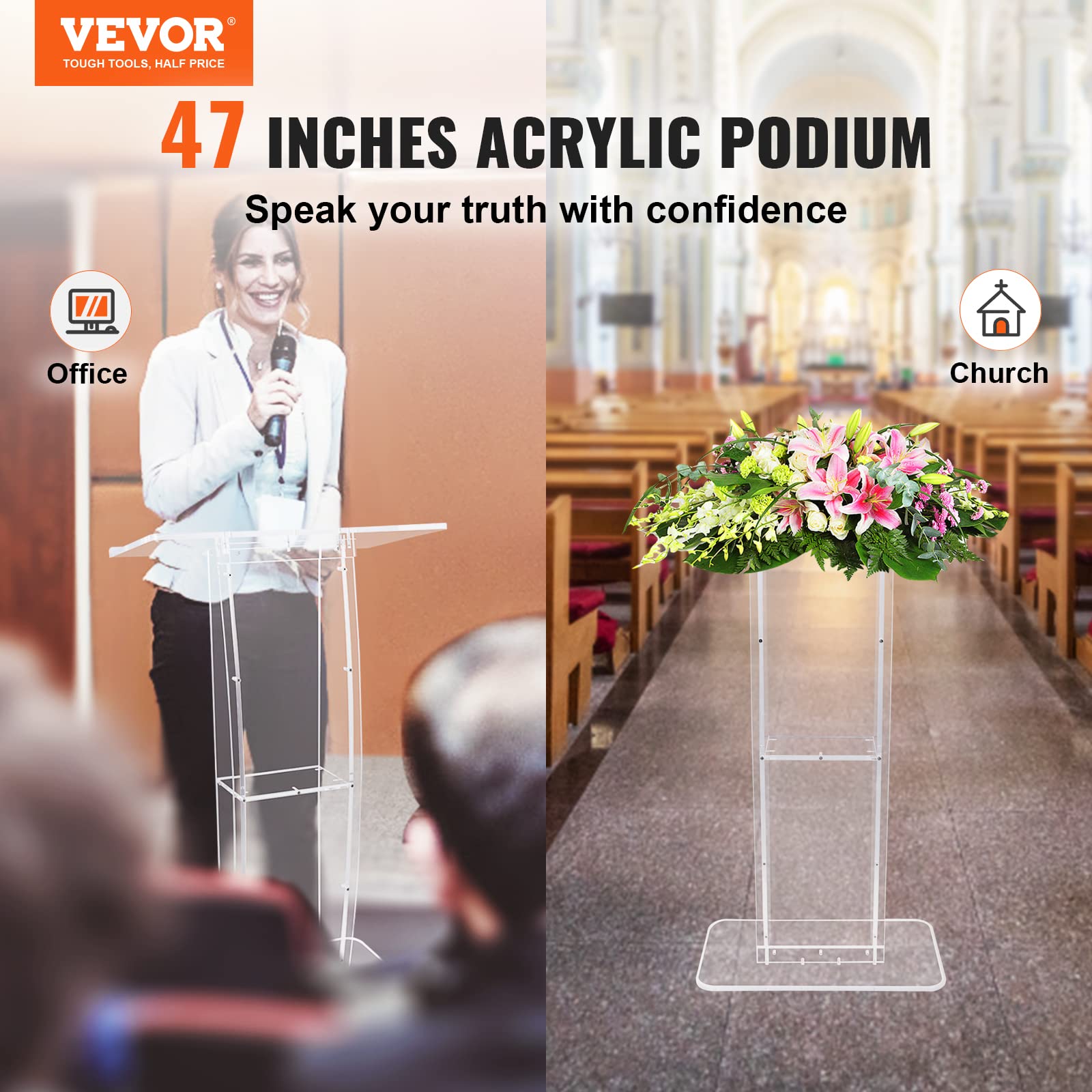 Acrylic Podium, 47" Clear Acrylic Podium Stand with Wide Reading Surface & Storage Shelf, Floor-Standing Clear Pulpits Acrylic for Church Office School