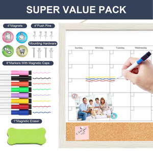 Calendar Whiteboard for Wall, 17x13 Inches Whiteboard Calendar Cork Board Combo, Small Magnetic White Board with Wood Framed, Hanging Dry Erase Board for Kitchen Home Office School Planner