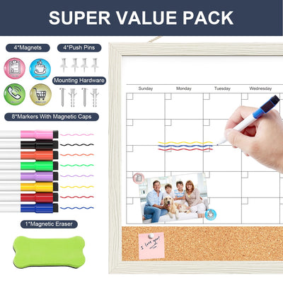 Calendar Whiteboard for Wall, 17x13 Inches Whiteboard Calendar Cork Board Combo, Small Magnetic White Board with Wood Framed, Hanging Dry Erase Board for Kitchen Home Office School Planner