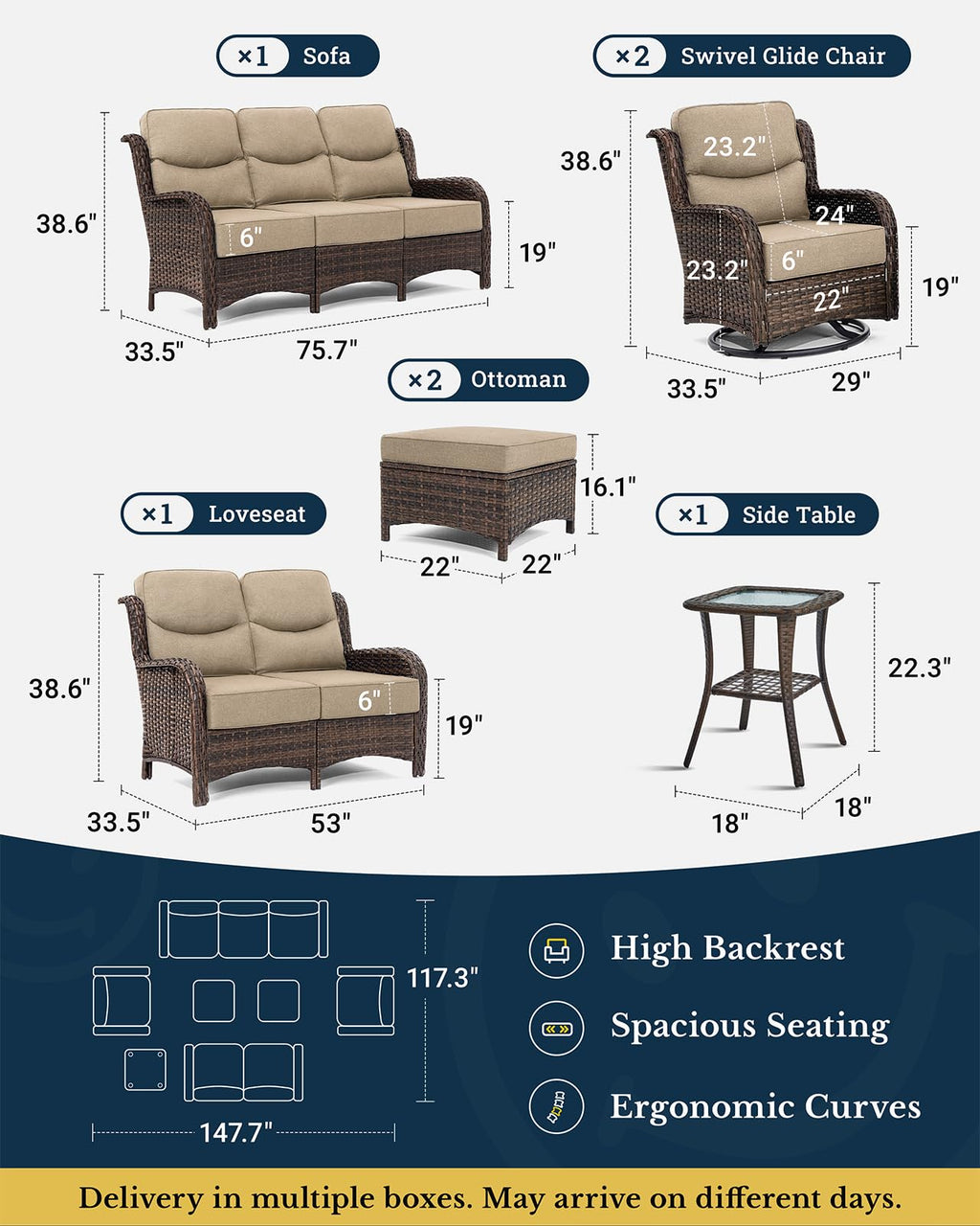Luxury Patio Furniture Set with 6-inch Thick Cushion, Outdoor Couch, Loveseat and High Back Swivel Rocker Patio Chairs, 7PCS Wicker Conversation Set for Deck Yard and Poolside, Beige (V2)