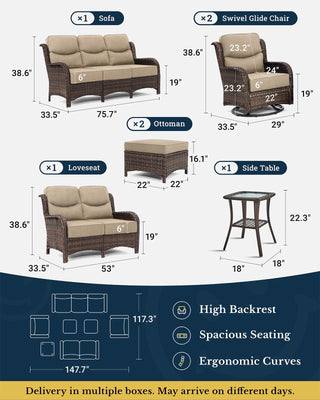 Luxury Patio Furniture Set with 6-inch Thick Cushion, Outdoor Couch, Loveseat and High Back Swivel Rocker Patio Chairs, 7PCS Wicker Conversation Set for Deck Yard and Poolside, Beige (V2)