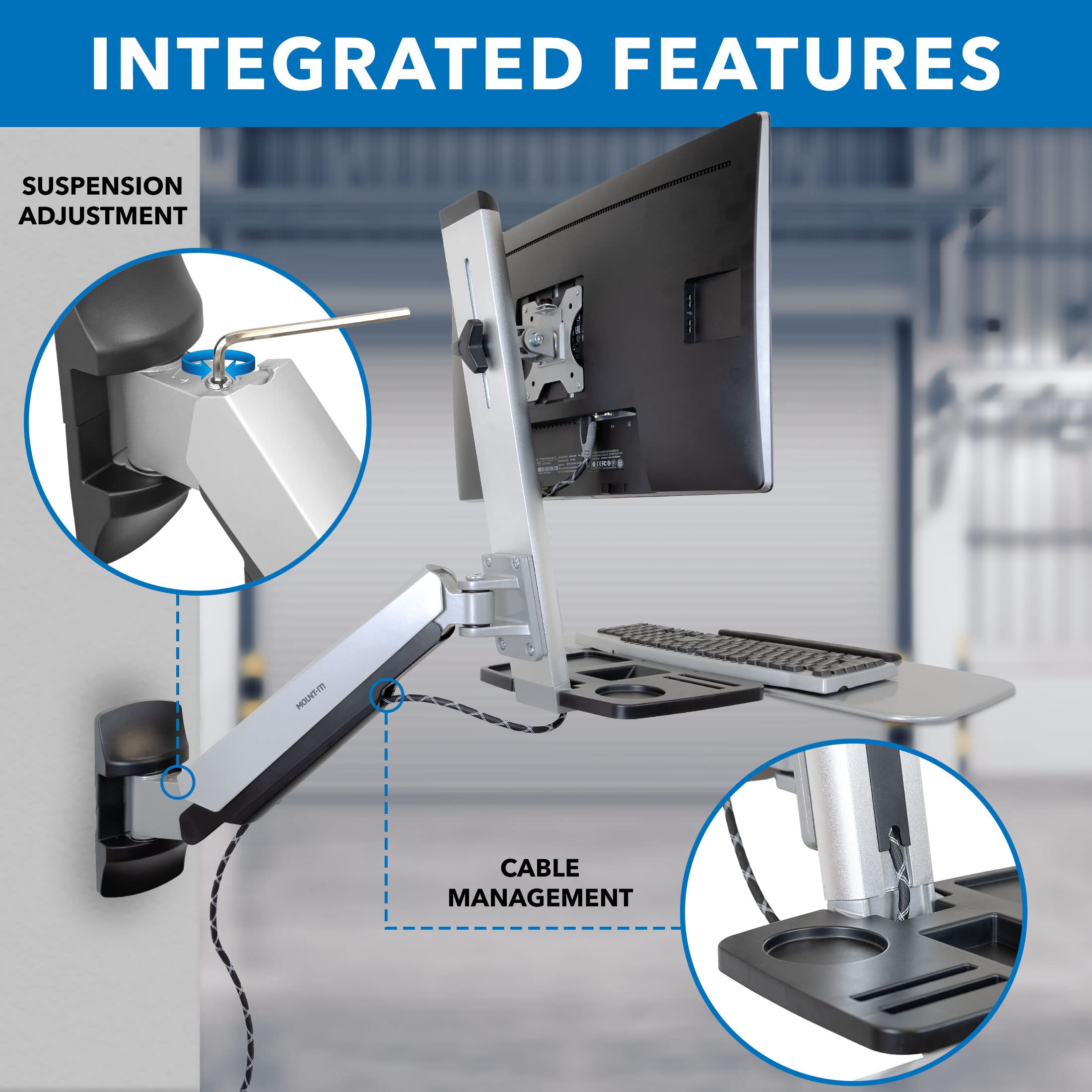 Sit Stand Wall Mount Workstation | Adjustable Height Stand Up Computer Station with Articulating Monitor Mount, Keyboard Tray, & CPU Holder | VESA Mount 75x75 and 100x100 | MI-7905