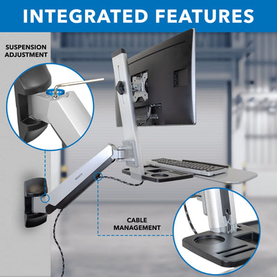 Sit Stand Wall Mount Workstation | Adjustable Height Stand Up Computer Station with Articulating Monitor Mount, Keyboard Tray, & CPU Holder | VESA Mount 75x75 and 100x100 | MI-7905