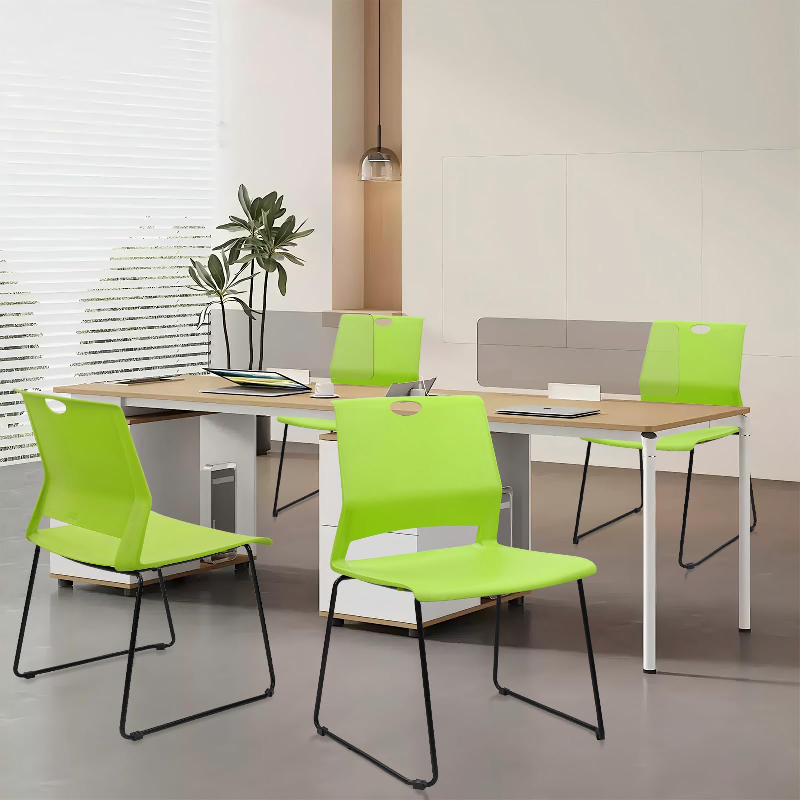 Set of 8, Green, Stackable Guest Reception Chairs, Stacking Office Chair with Ergonomic Lumbar Support & Metal Legs, Plastic Desk Chairs for Conference School Church Waiting Meeting Break Room