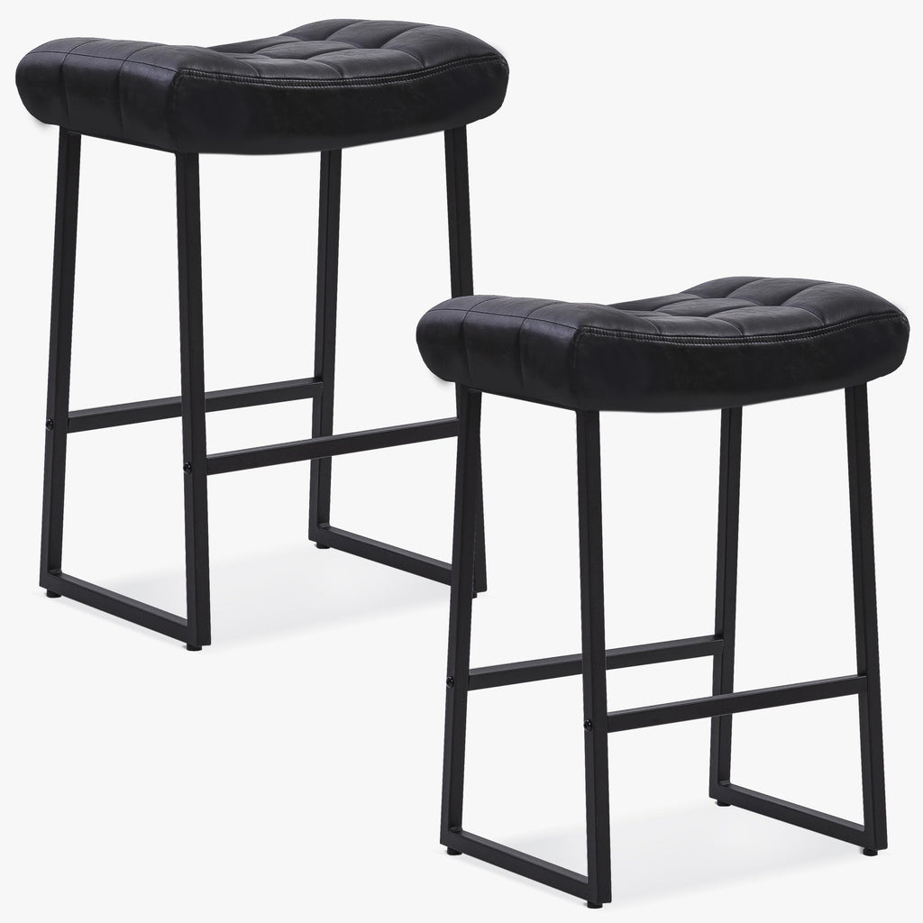 Black Bar Stools Set of 2 for Kitchen Island Counter Height Stools Modern Backless Barstools with Upholstered Faux Leather Saddle Seat and Metal Frame Industrial Bar Chairs, 24 inch