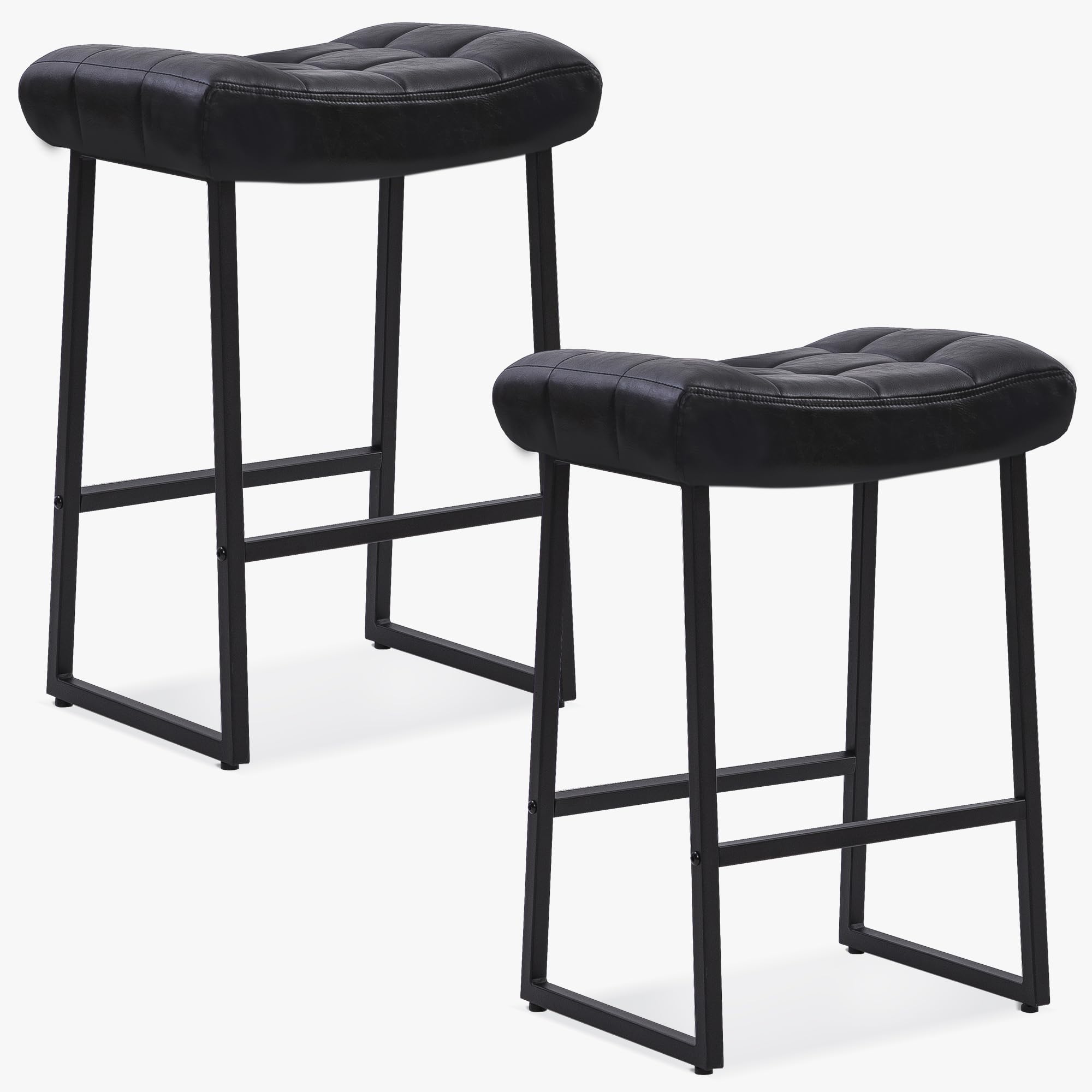 Black Bar Stools Set of 2 for Kitchen Island Counter Height Stools Modern Backless Barstools with Upholstered Faux Leather Saddle Seat and Metal Frame Industrial Bar Chairs, 24 inch