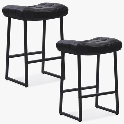 Black Bar Stools Set of 2 for Kitchen Island Counter Height Stools Modern Backless Barstools with Upholstered Faux Leather Saddle Seat and Metal Frame Industrial Bar Chairs, 24 inch