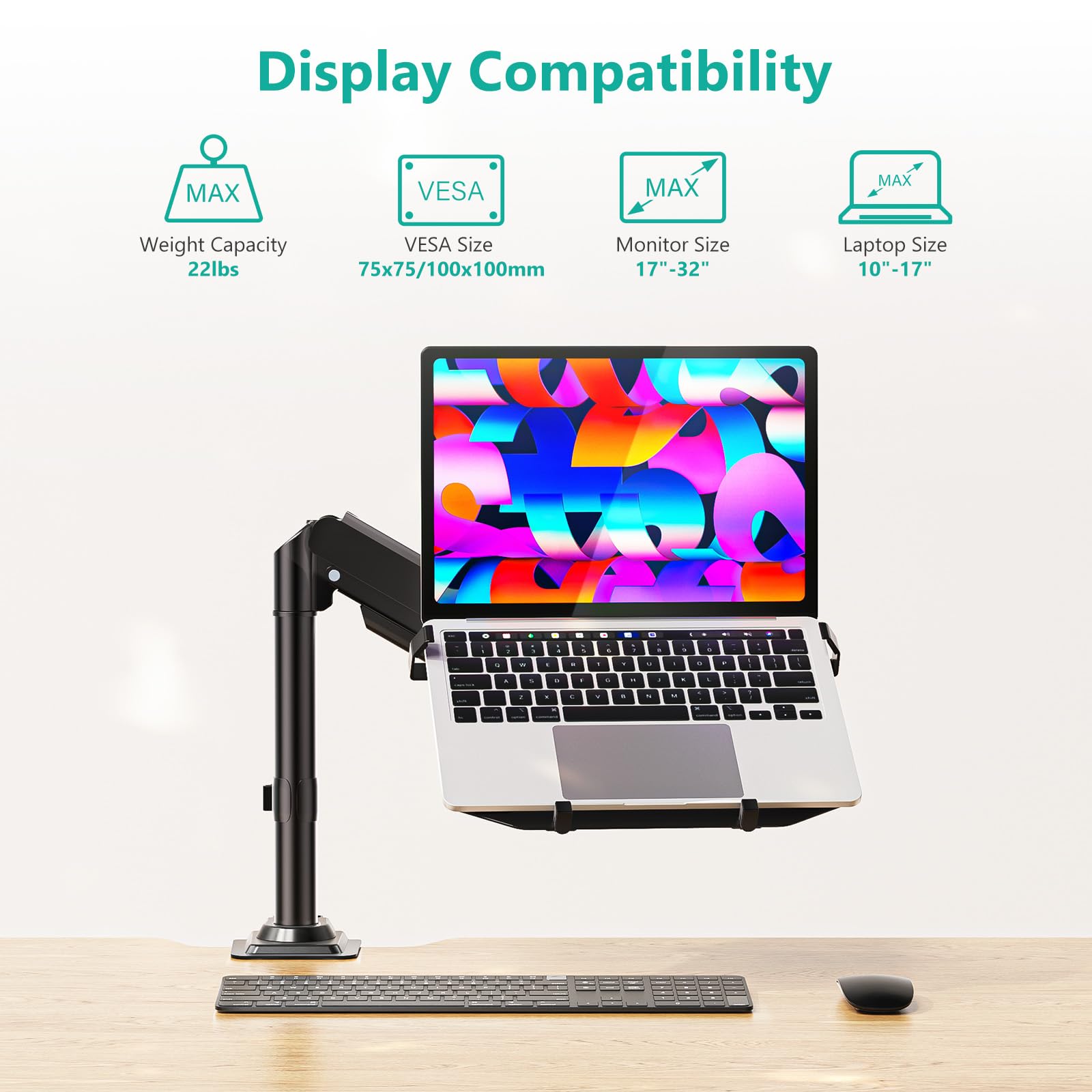 Laptop Desk Mount for 15.6 inch Notebook, Fully Adjustable Single Monitor Arm with Laptop Holder for 32 inch Screen, Laptops Stand with Ventilated Tray, Up to 22 Lbs, (GSDM00LP), Black