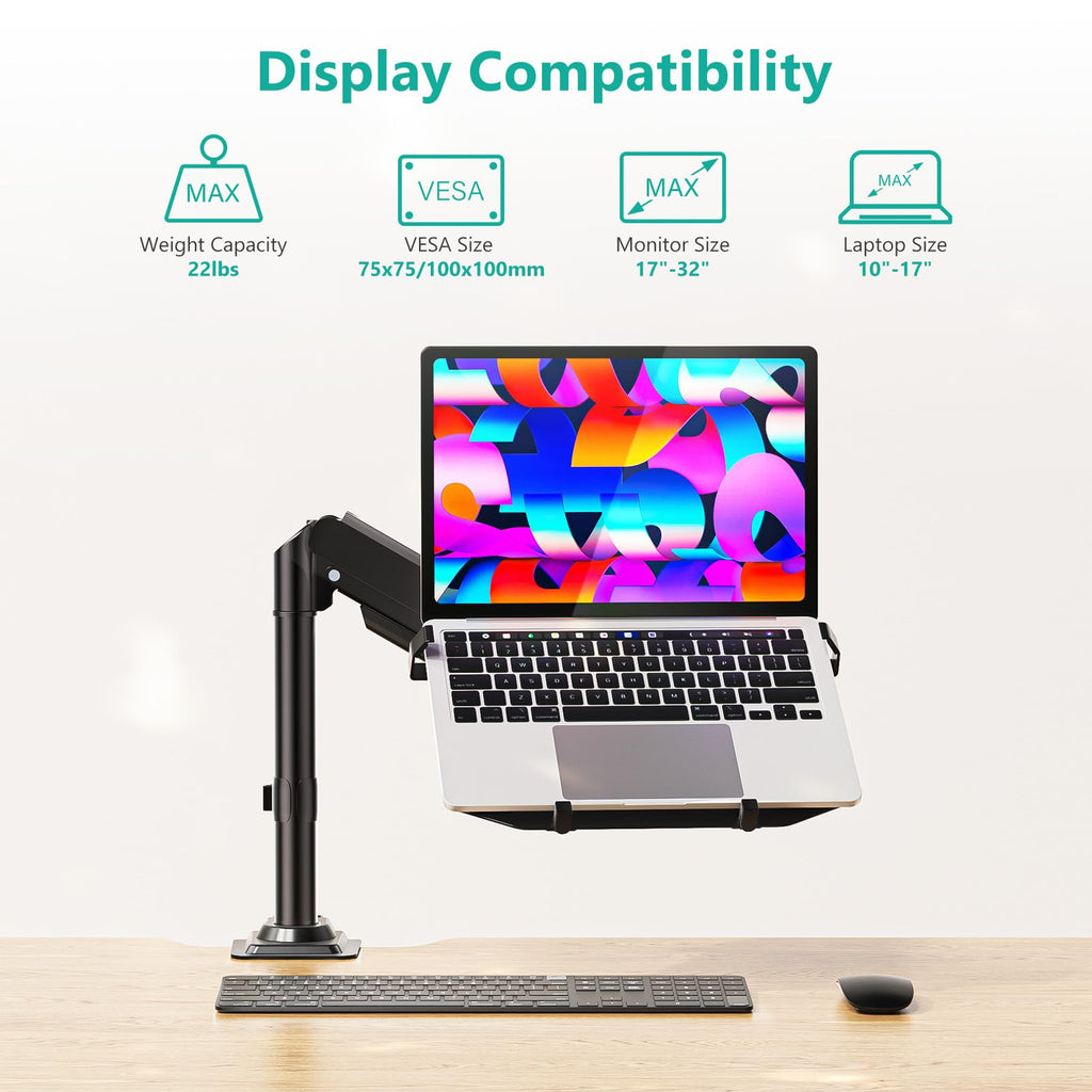 Laptop Desk Mount for 15.6 inch Notebook, Fully Adjustable Single Monitor Arm with Laptop Holder for 32 inch Screen, Laptops Stand with Ventilated Tray, Up to 22 Lbs, (GSDM00LP), Black