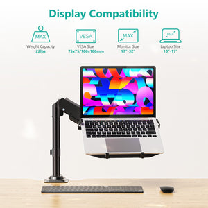Laptop Desk Mount for 15.6 inch Notebook, Fully Adjustable Single Monitor Arm with Laptop Holder for 32 inch Screen, Laptops Stand with Ventilated Tray, Up to 22 Lbs, (GSDM00LP), Black