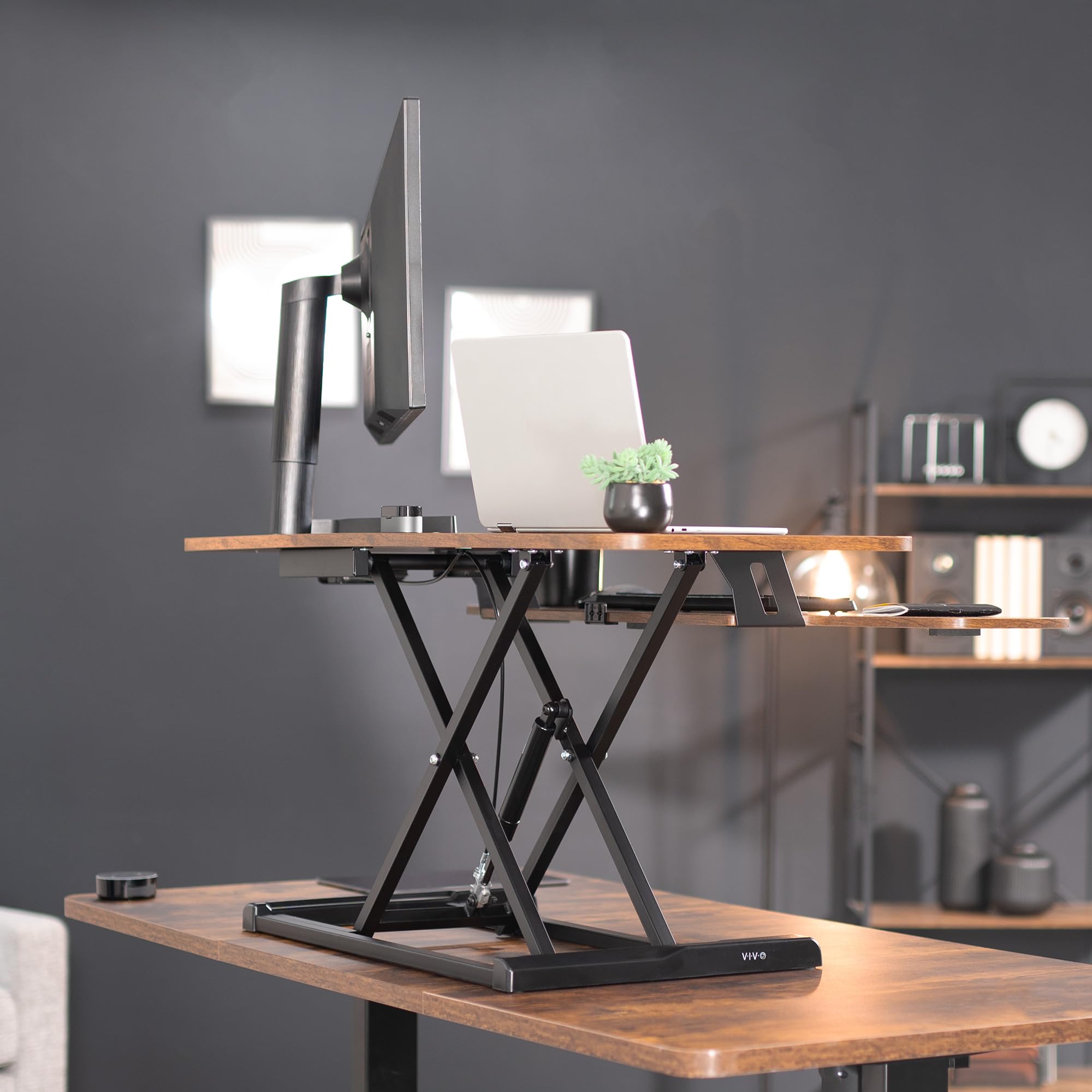 48 inch Desk Converter, K Series, Height Adjustable Sit to Stand Riser, Dual Monitor and Laptop Workstation with Wide Keyboard Tray, Rustic Vintage Brown Top, Black Frame, DESK-V048KN