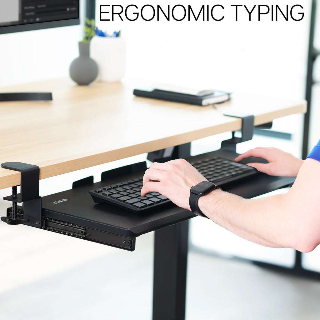 Large Keyboard Tray Under Desk Pull Out with Extra Sturdy C Clamp Mount System, 27 (33 Including Clamps) x 11 Inch Slide-Out Platform Computer Drawer for Typing, Black, MOUNT-KB05E