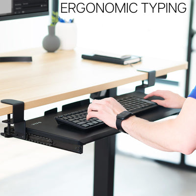 Large Keyboard Tray Under Desk Pull Out with Extra Sturdy C Clamp Mount System, 27 (33 Including Clamps) x 11 Inch Slide-Out Platform Computer Drawer for Typing, Black, MOUNT-KB05E