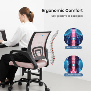 Office Desk Chair - Ergonomic Mid Back with Lumbar Support & Rocking Mode, Height Adjustable with Fixed Armrest, Storage Back for Computer, Gaming, Conference, Meeting Room, 360° Swivel, Pink