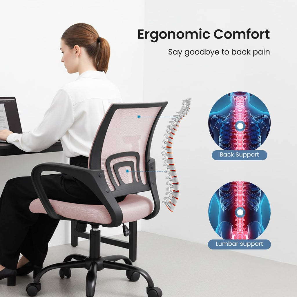 2 Pack, Office Desk Chair - Ergonomic Mid Back with Lumbar Support & Rocking Mode, Height Adjustable with Fixed Armrest, for Home, Computer, Gaming, Conference, Meeting Room, 360° Swivel, Pink,