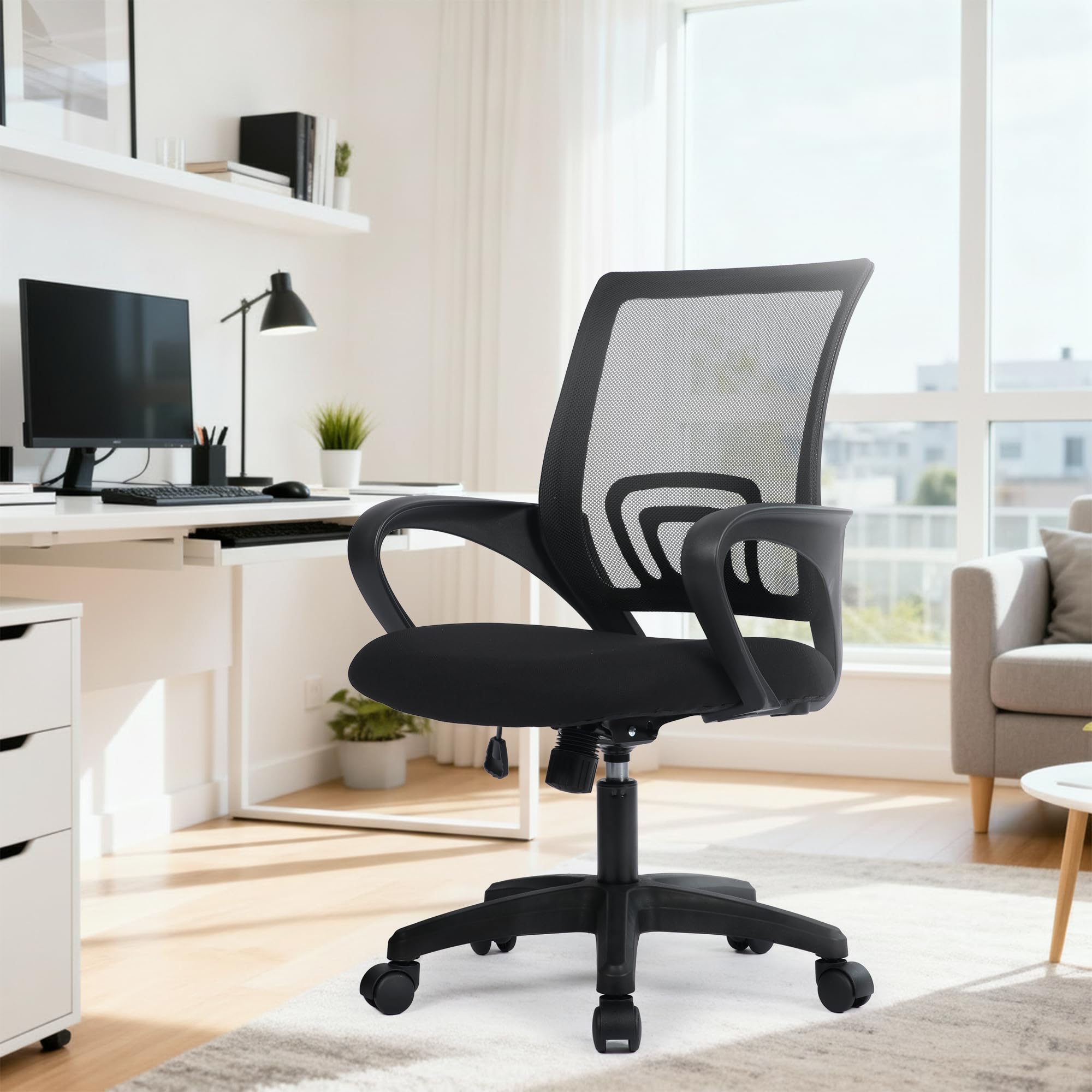 Office Desk Computer Chair Ergonomic Mesh Gaming Cushion Seat with Comfy Lumbar Mid Back Support Adjustable Height Swivel Rolling Wheels for Home Task (Mesh Black)