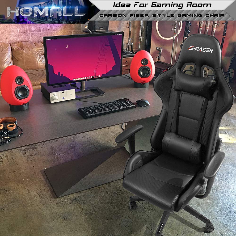 Gaming Chair, Office Chair High Back Computer Chair Leather Desk Chair Racing Executive Ergonomic Adjustable Swivel Task Chair with Headrest and Lumbar Support (Dark Black)