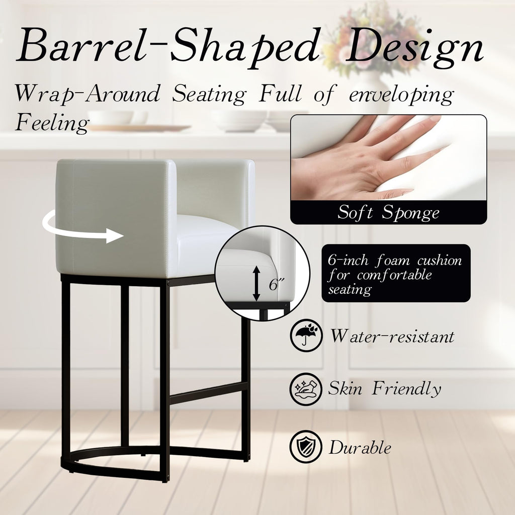 26" Modern Counter Height Bar Stools,UP Leather Upholstered Barrel Barstools with Backs,Island Chairs bar stools Set of 1,Metal Black Frames,Beige White Leather