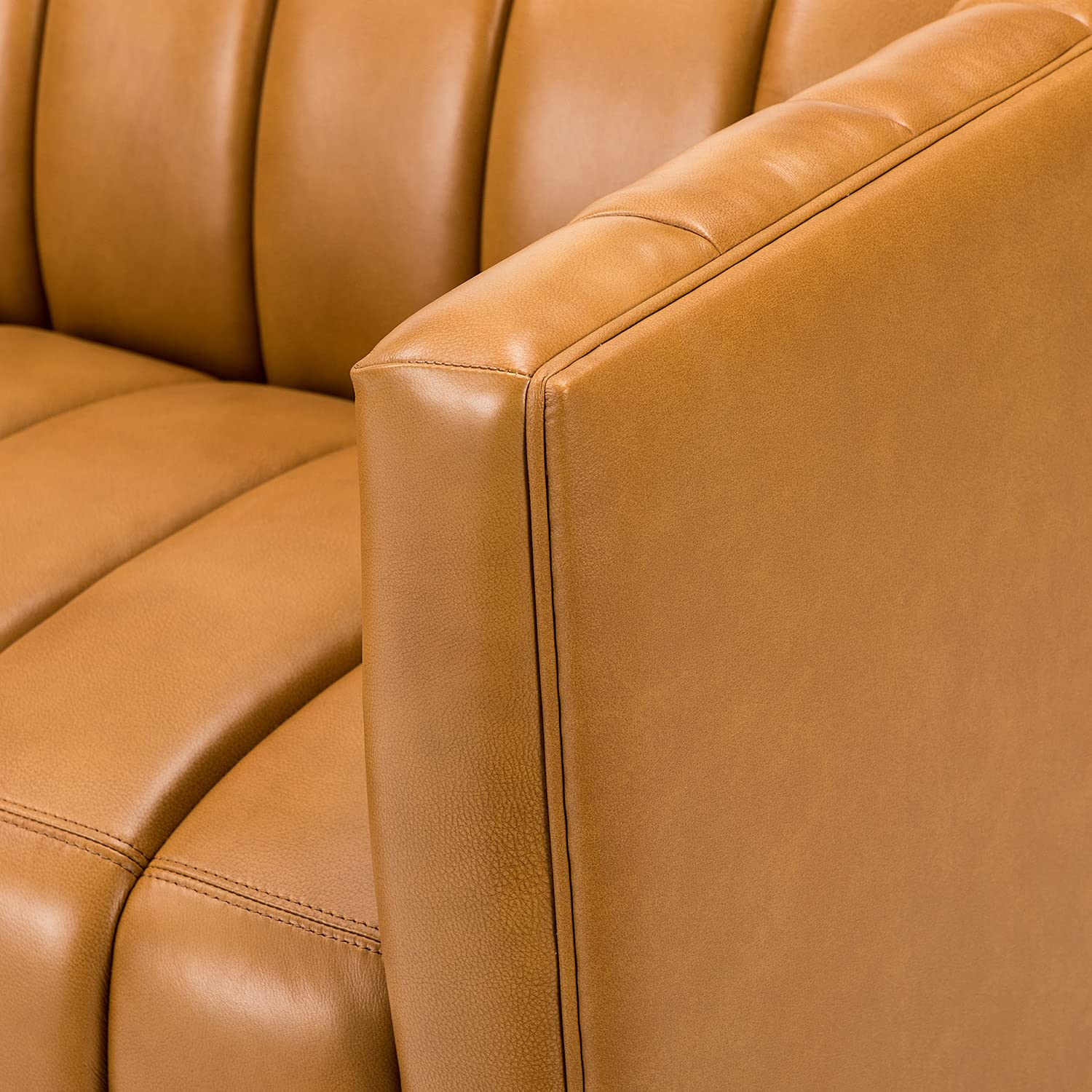 83" Genuine Leather Sofa with Channel Tufted Design, 3-Seater Sofa for Living Room Bedroom, Modern Oversized Couch with Wood Legs, Camel
