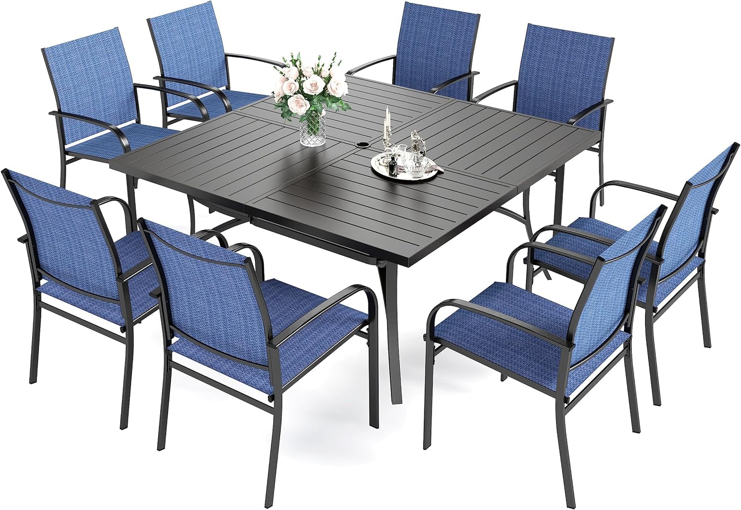 9 Pieces Patio Dining Sets, Outdoor Table and Chairs Set of 8, 8 x Blue Textilene Dining Chair, 60