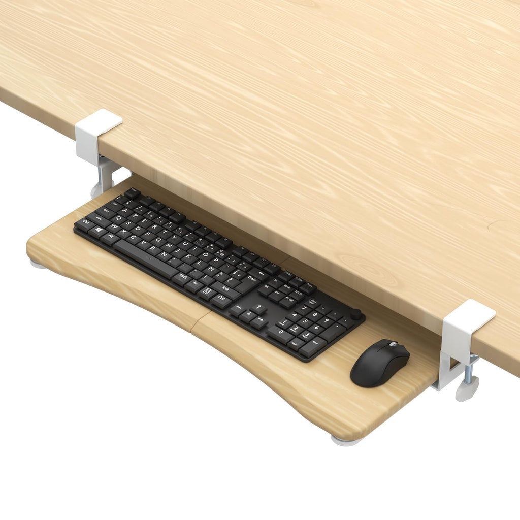 Keyboard Tray Under Desk Pull Out with C Clamp Mount, Computer Keyboard & Mouse Tray, 25.6 (30 Including Clamps) x 11.8 inch Slide-Out Platform Computer Drawer for Typing, Light Wood, DSF1QM