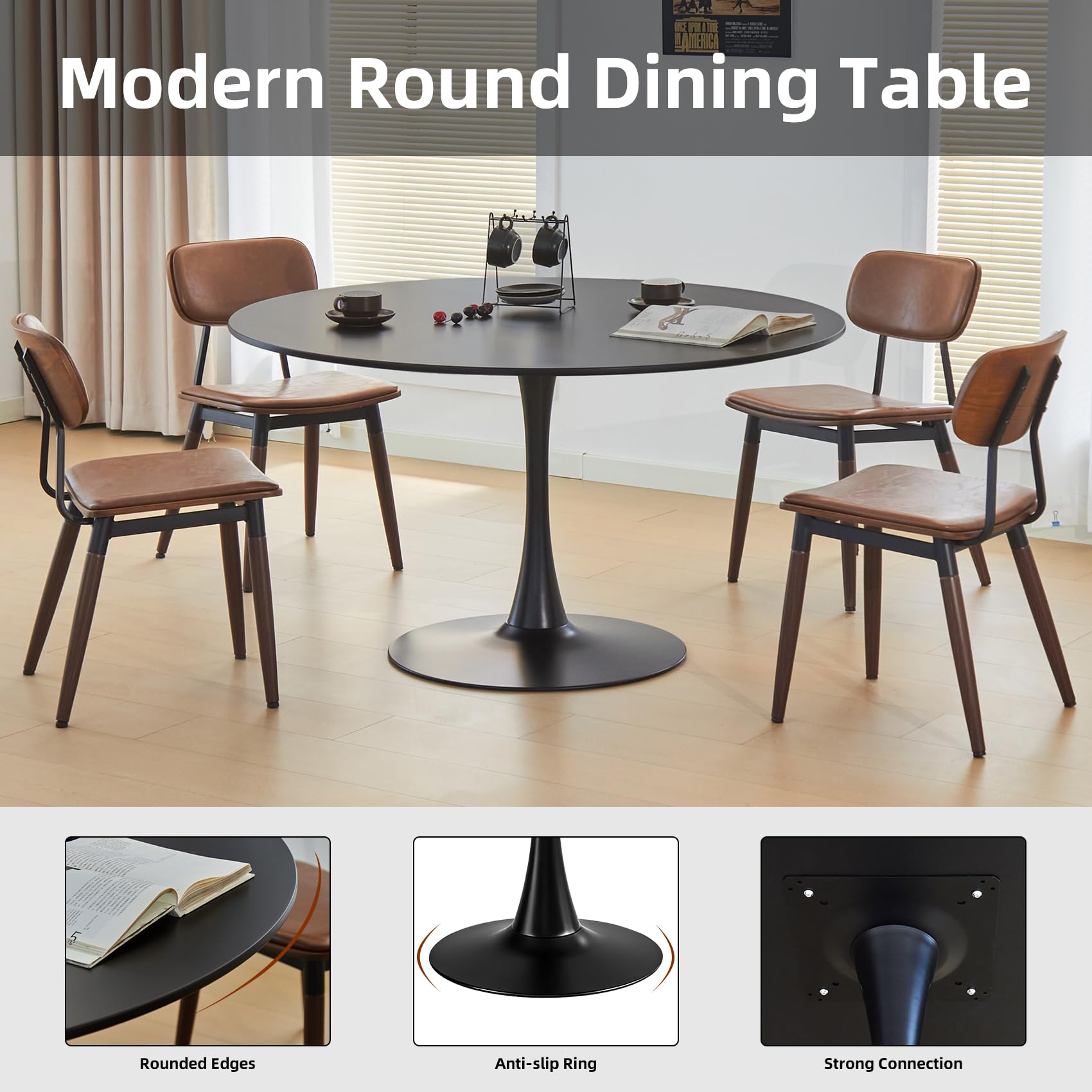 43.5" Tulip Table, Round Dining Table with Thickened Tabletop & Metal Pedestal, Mid Century Modern Bistro Circle Table for Kitchen, Small Places, Living Room, Cafe (Black)