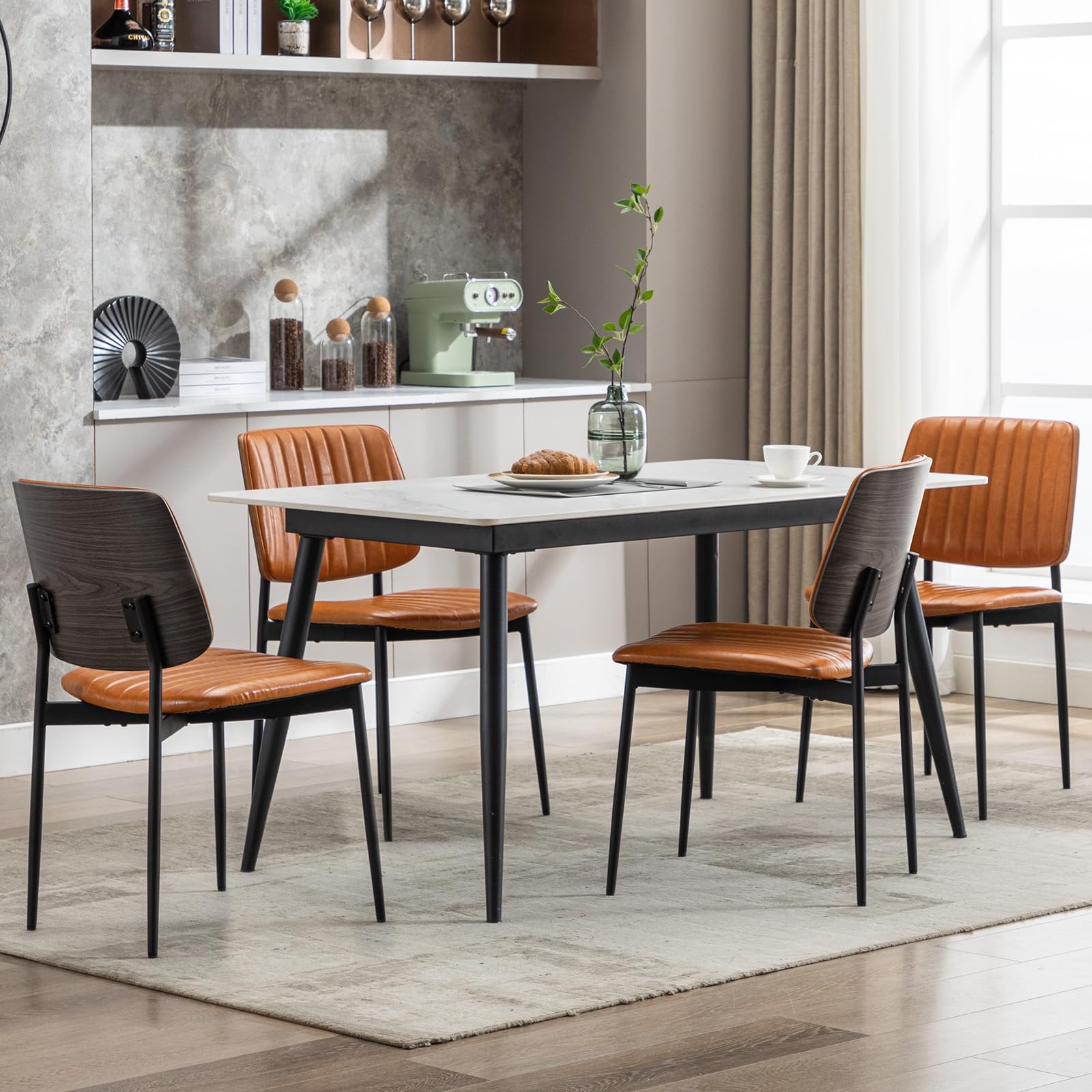 Leather Dining Chairs Set of 6, Mid Century Modern Dining Chairs with Bentwood Backrest and Upholster Seat,Armless Kitchen Chairs with Metal Legs Adjustable Foot for Dining Room(Grey Bentwood)