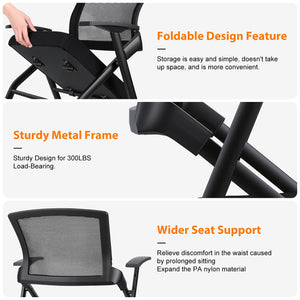 2PCS Ergonomic Foldable Office Chair with Breathable Mesh Back, Stackable Conference Chair - PU Wheels & Armrest for Guest, Meeting, Reception, Black,