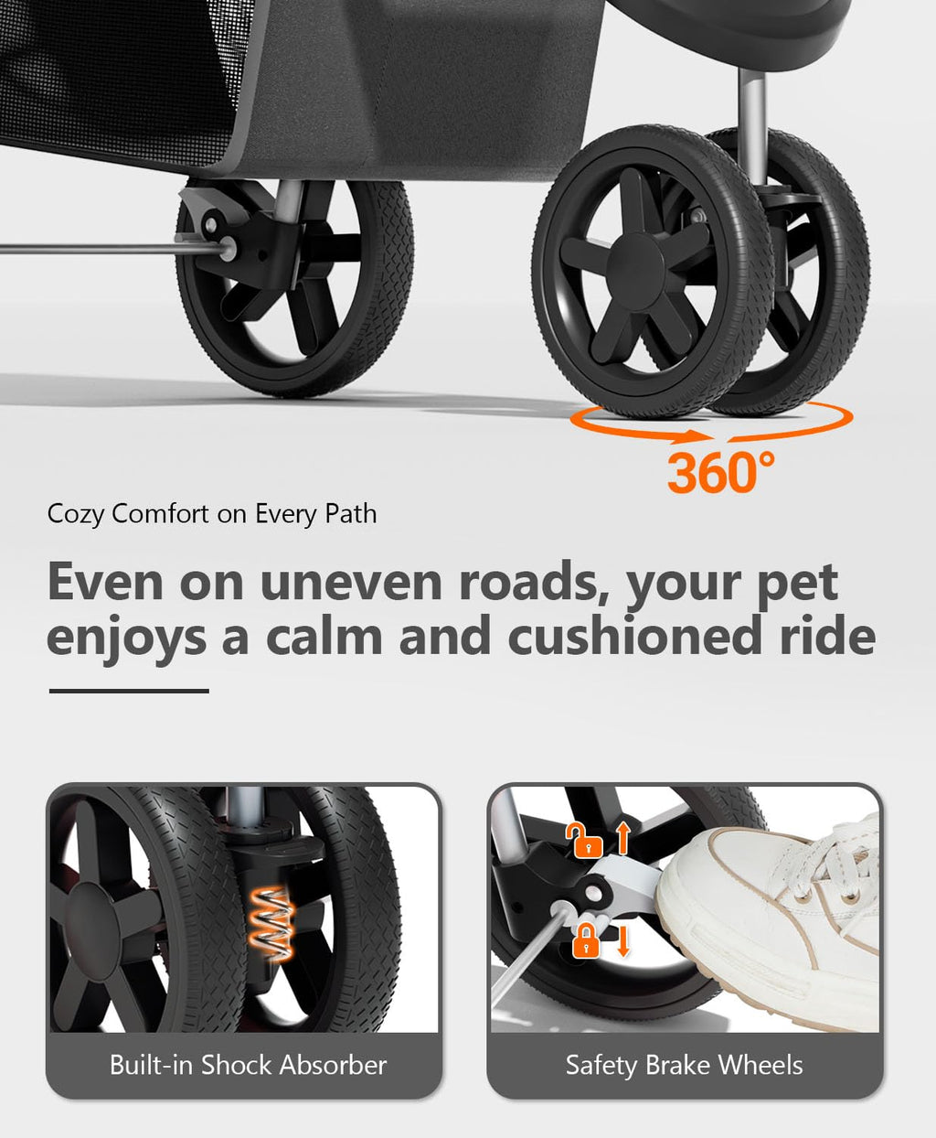 Pet Stroller with 3 Wheels for Small/Medium Pets, Portable Travel Foldable Carrier Jogger for Dog Cat Puppy Kitty, Rear Wheel Breaks, Storage Basket, Visible Mesh with Weather Cover (Black)