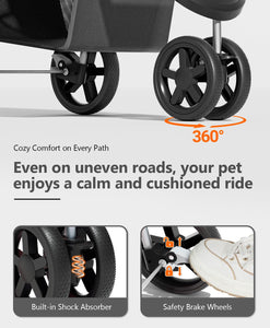 Pet Stroller with 3 Wheels for Small/Medium Pets, Portable Travel Foldable Carrier Jogger for Dog Cat Puppy Kitty, Rear Wheel Breaks, Storage Basket, Visible Mesh with Weather Cover (Black)
