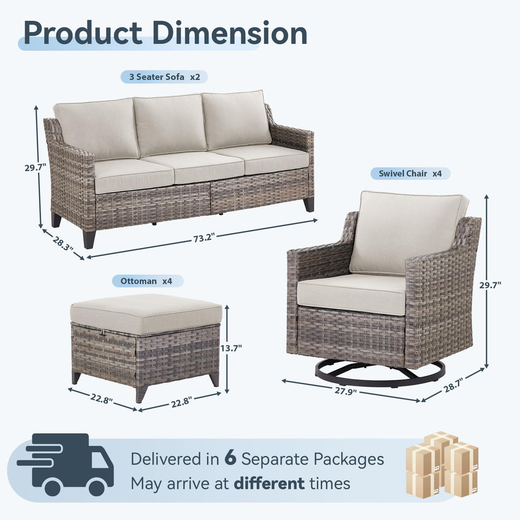 10 Piece Patio Furniture Set-High Back Outdoor Furniture Set Sectional Sofa with Wicker Swivel Patio Chairs,Comfy Cushions Ottomans for Porch Balcony Patio Deck Grey/Beige