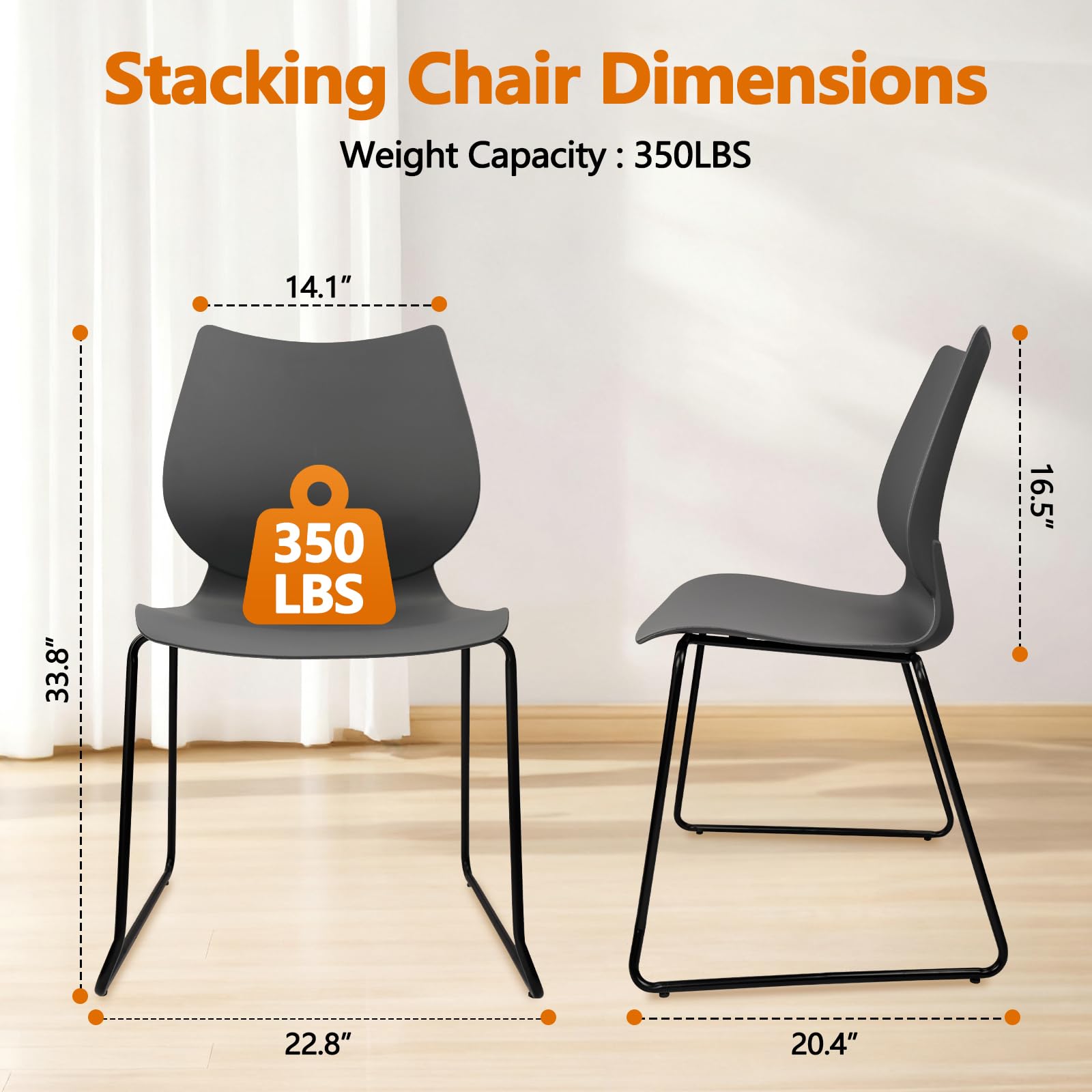 Set of 8, Grey, Stacking Waiting Room Chairs, Stacked Plastic Office Chair with Ergonomic Lumbar Support and Metal Legs for Conference School Church Guest Reception