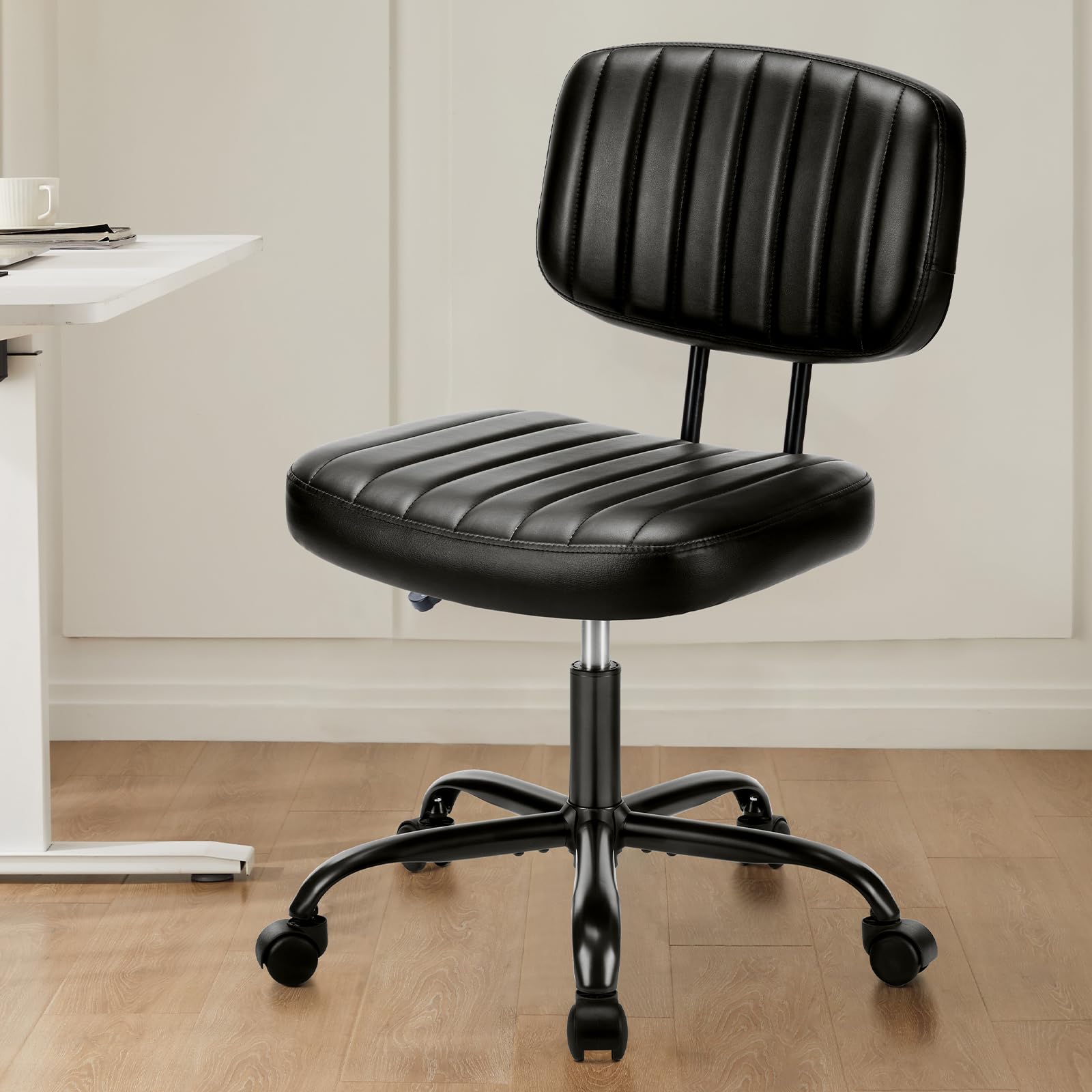 Small Office Desk Chair - Armless PU Leather with Comfy Lumbar Support, Height Adjustable Rolling Swivel Task for No Arms, for Adult, Student, Bedroom, Home, Vanity, Black