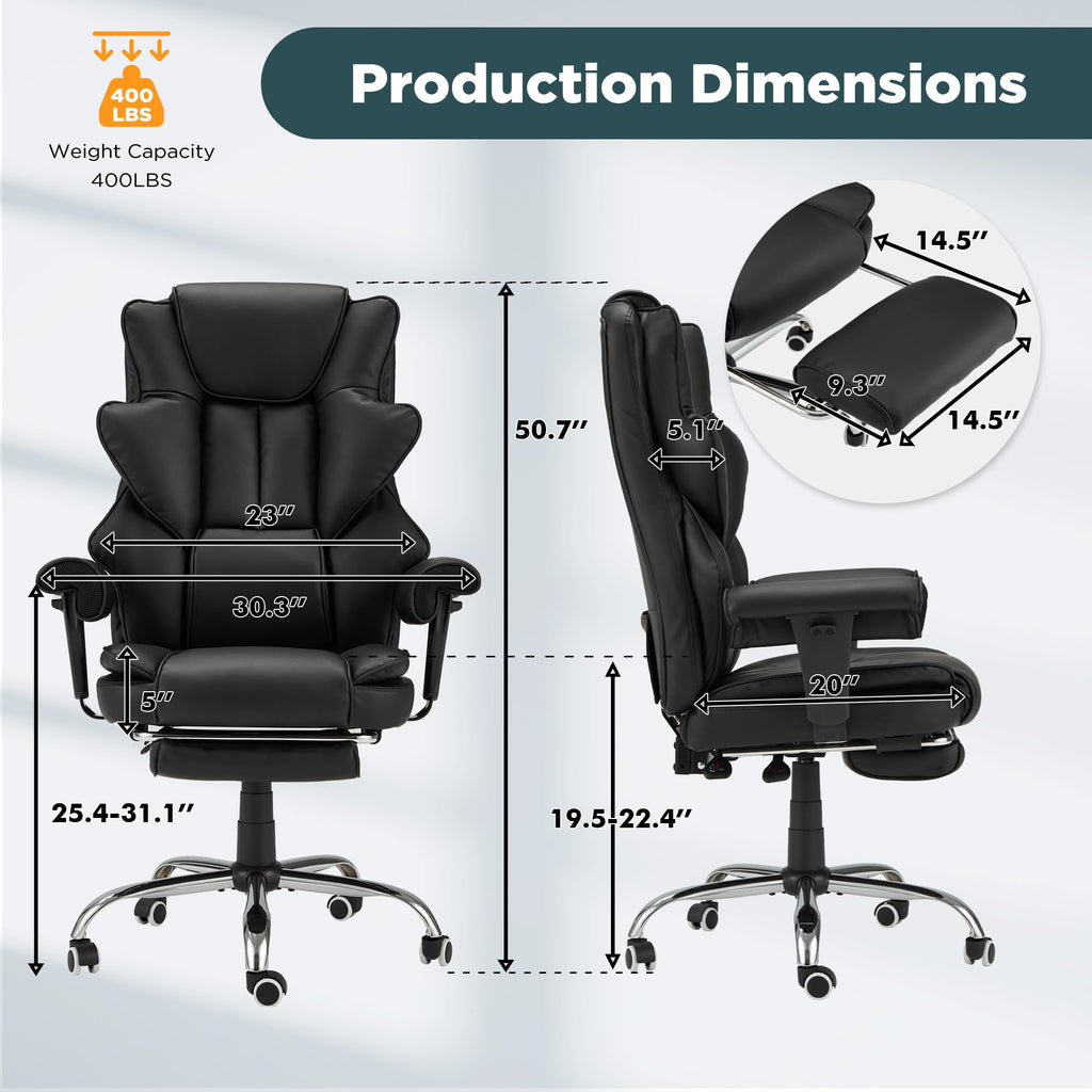 Ergonomic Executive Office Chair with 6-Point Vibration & Heat - Reclining Managerial Chair with Adjustable Footrest and Armrests,Big and Tall Leather Home Office Desk Chairs(Black)