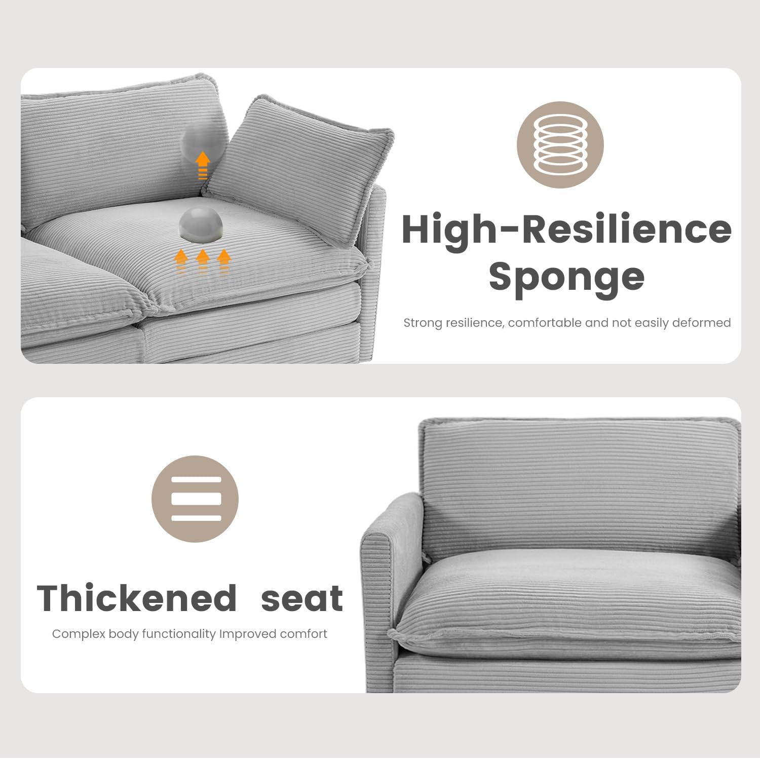 Oversized Modular Sectional Sofa with Movable Ottoman, 112 Inch 4 Seat Modern Corduroy Sofa Set, Convertible L Shaped Couch for Living Room and Office, Light Grey