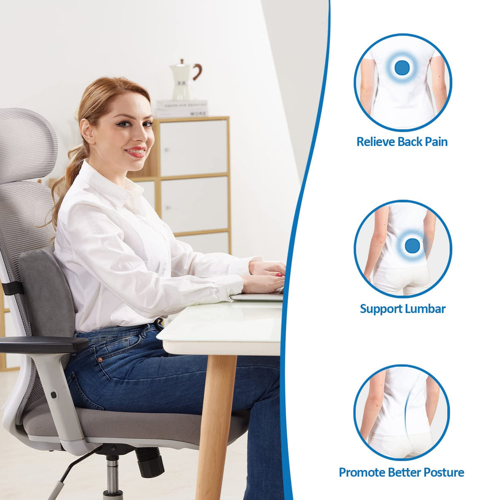 Lumbar Pillow, Memory Foam Office Chair Back Support Pillows Back Pain Relief Improve Posture, Lumbar Support Pillow for Car、Gaming Chair、 Home Chair, Double Adjustable Straps(Grey)