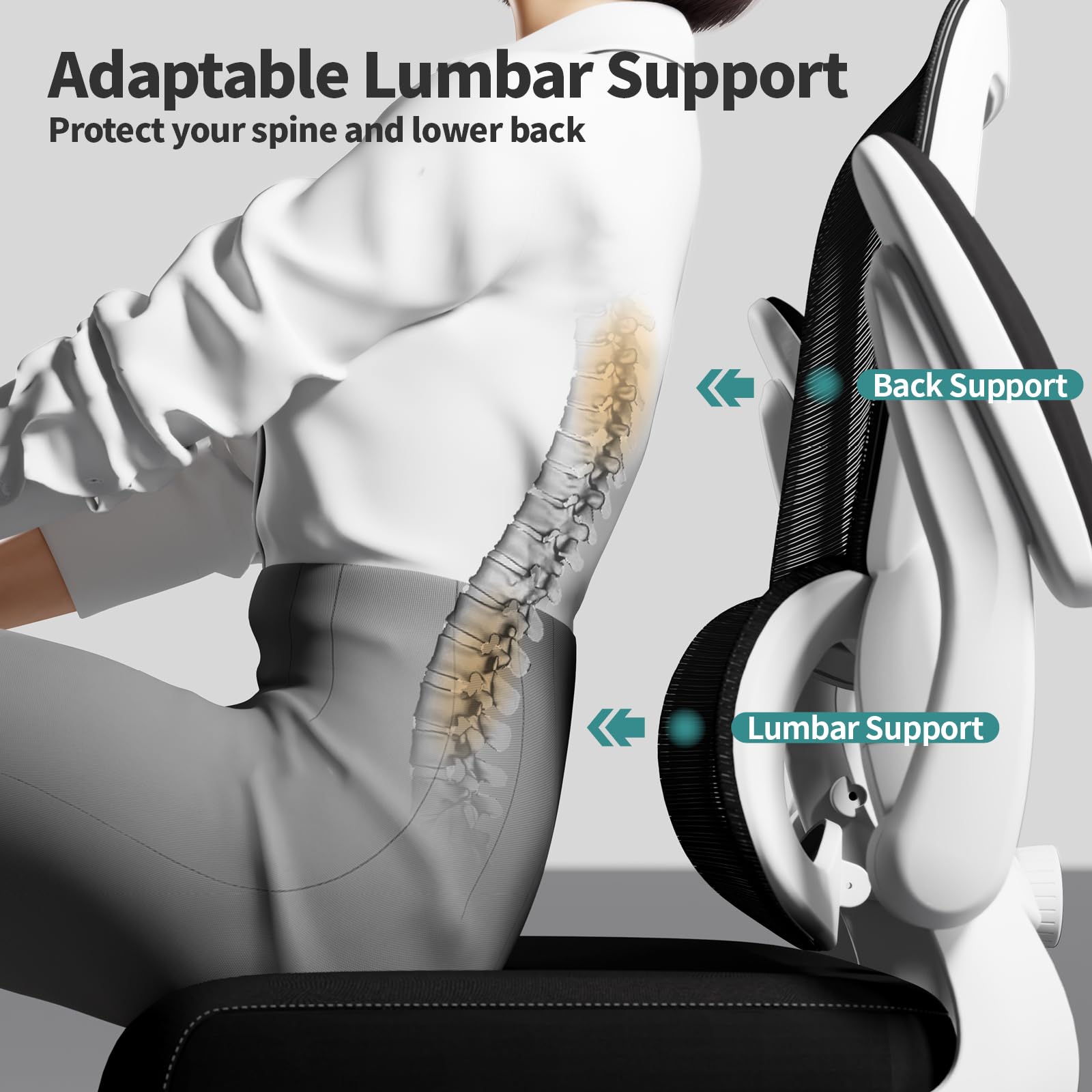Office Chair - Ergonomic Desk Chair with Adjustable Lumbar Support, Mesh Computer Chair, Executive Chairs for Home Office Comfortable Lumbar Support (White+Black)