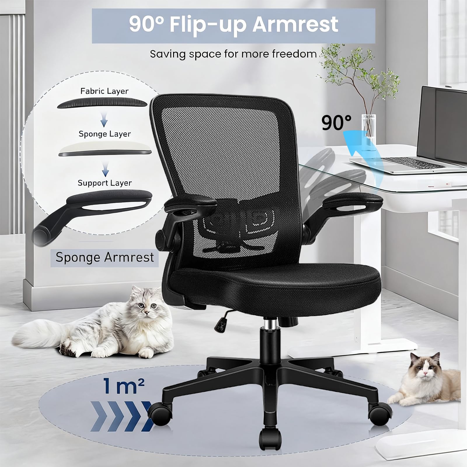 Desk Chairs with Wheels, Ergonomic Mesh Office Chair Adjustable Height and Swivel Lumbar Support Home Office Chair with Flip Up Armrests, Set of 6