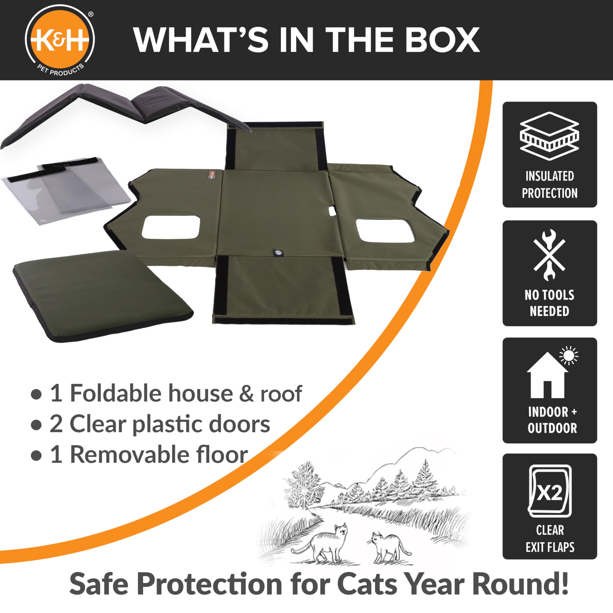 Extra-Wide Outdoor Cat House for Outside Pets, Weatherproof Outdoor House for Large Cats, Insulated Kitty Shelter, 2 Doors, Waterproof Removable Floor Pad, Unheated - Olive