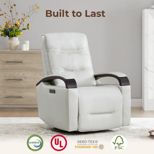 Genuine Leather Power Swivel Glider Rocker Recliner, FSC Certified Mid Century Modern Recliner Chair for Adults, Adjustable Power Headrest, for Nursery and Living Room, Creamy Grey