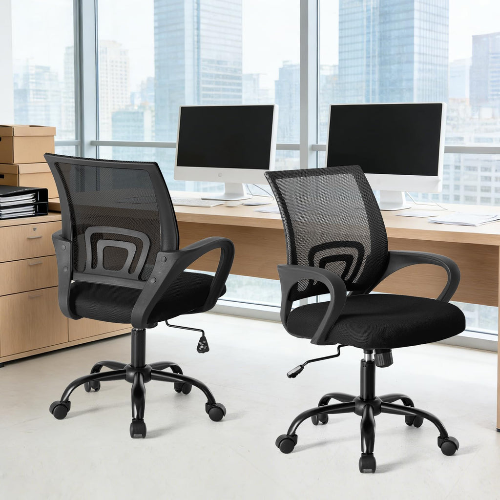 2 Pack, Office Desk Chair - Ergonomic Mid Back with Lumbar Support & Rocking Mode, Height Adjustable with Fixed Armrest, for Home, Computer, Gaming, Conference, Meeting, 360° Swivel, Black,