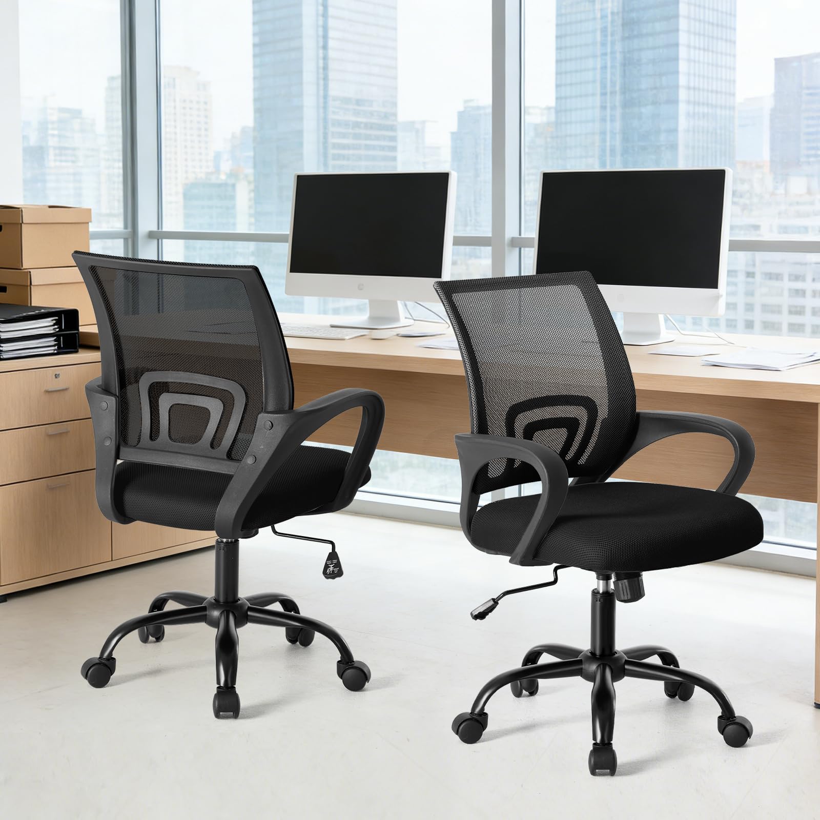 2 Pack, Office Desk Chair - Ergonomic Mid Back with Lumbar Support & Rocking Mode, Height Adjustable with Fixed Armrest, for Home, Computer, Gaming, Conference, Meeting, 360° Swivel, Black,