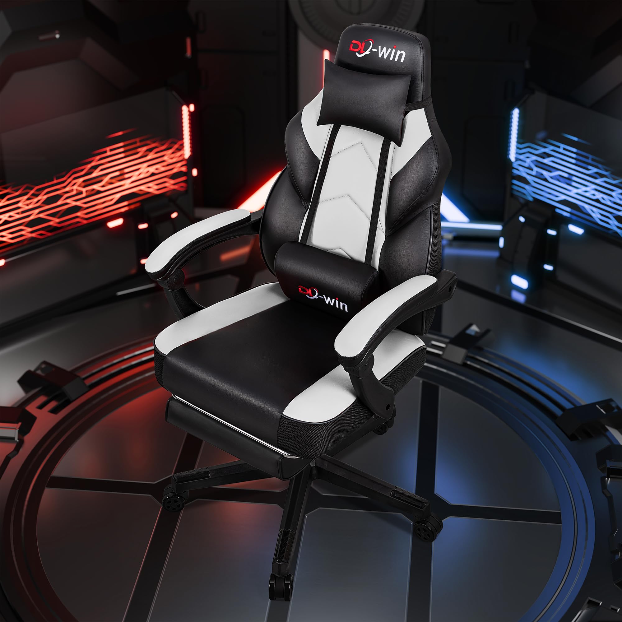 Video Gaming Chair for Adults, Computer Chair with Footrest and Ergonomic High Back, Big and Tall Gamer Chair with Massage Lumbar Support, 360° Swivel Height Adjustable Computer Chair, White