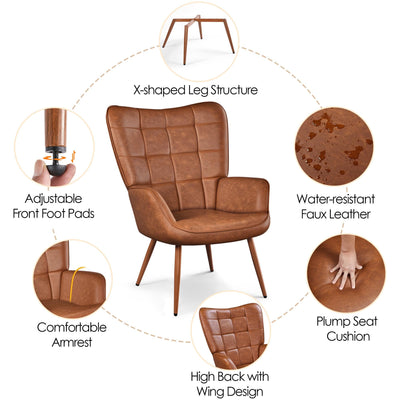 Accent Chairs, Large PU Leather High-Back Chair w/Metal Legs, Pottery Barn Style Living Room Chairs for Bedroom/Home Office, Brown, Set of 2
