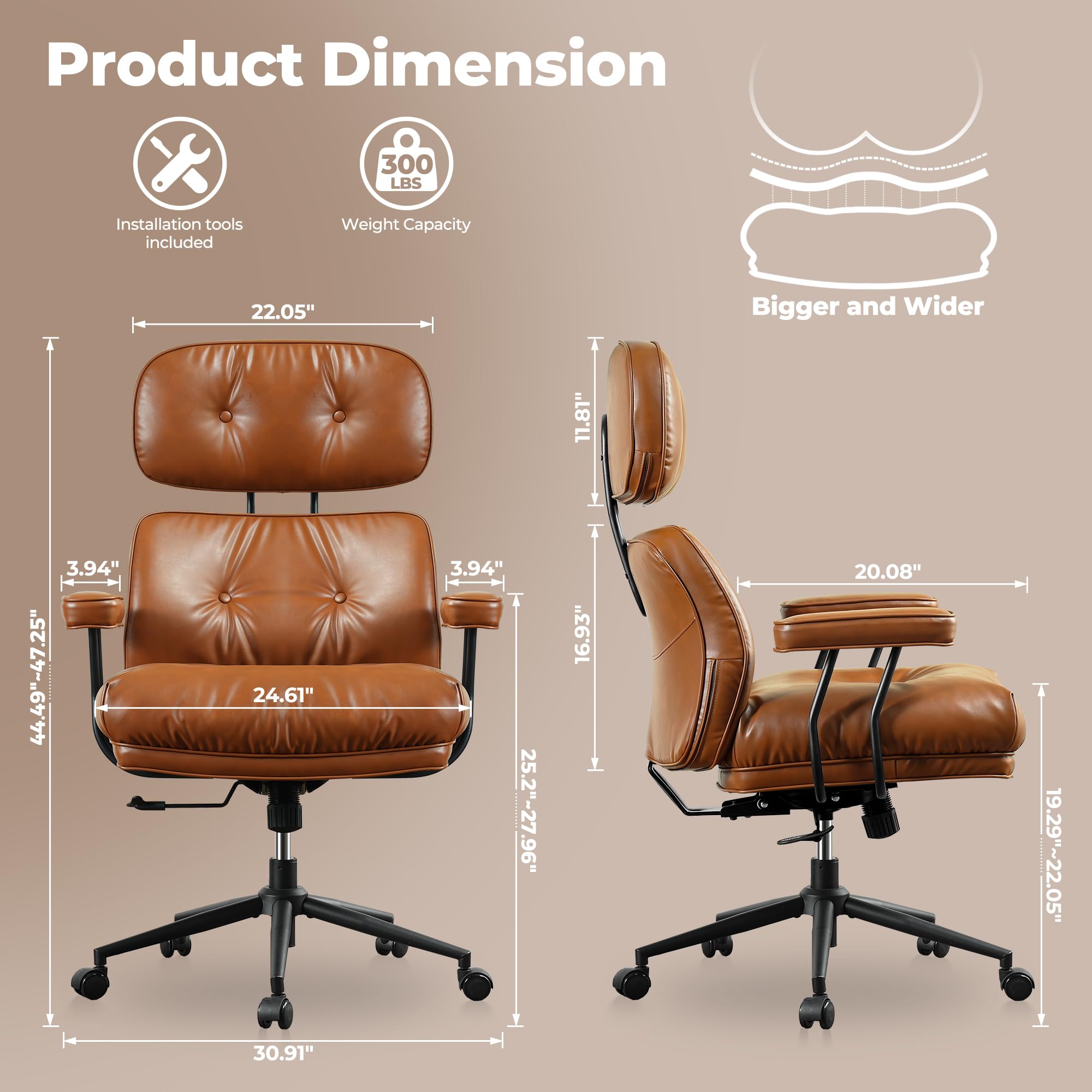 Ergonomic Office Chair, High Back Faux Leather Executive Chairs with Thick Cushion, Comfy Mid-Century Modern Swivel Rolling Computer Armchair (Brown, PU Leather)