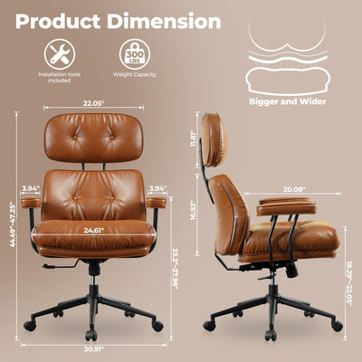 Ergonomic Office Chair, High Back Faux Leather Executive Chairs with Thick Cushion, Comfy Mid-Century Modern Swivel Rolling Computer Armchair (Brown, PU Leather)